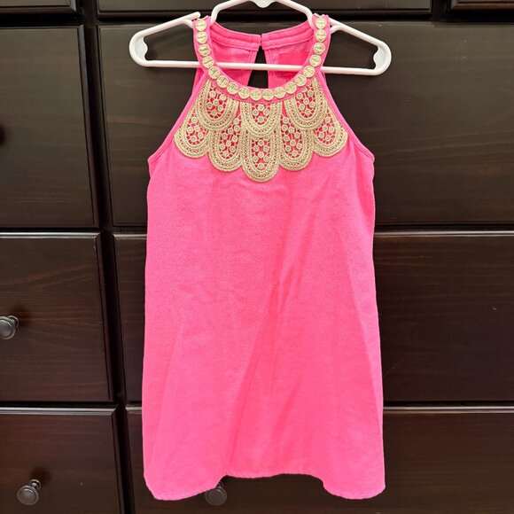 Girls Lilly Pulitzer Prosecco Pink and Gold Pearl Halter Shift Dress Size 5 - Picture 1 of 3